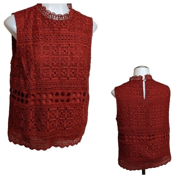 Daniel Rainn Blouse Small Crochet Sleeveless Elegant Top Petite Red Brick S - Picture 1 of 9